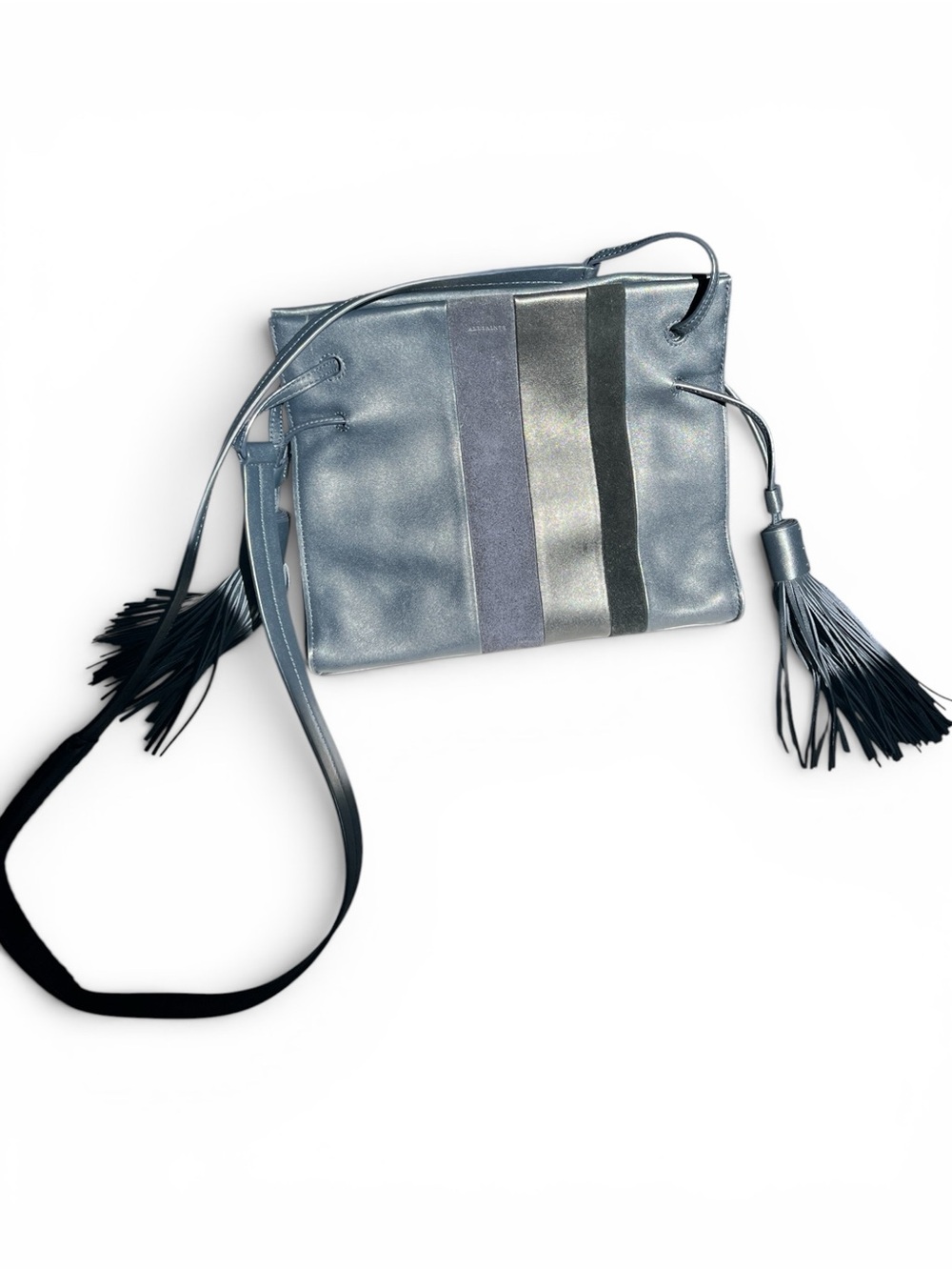 ALLSAINTS Casey Tassel Navy Blue Leather Suede Stripe Crossbody Bag - EUC